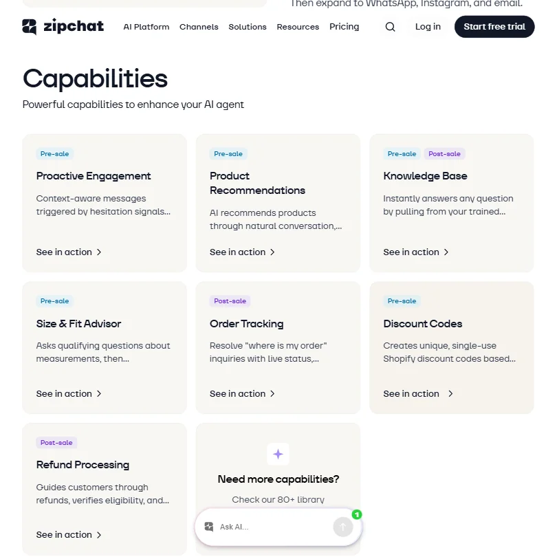 Zipchat AI features screenshot
