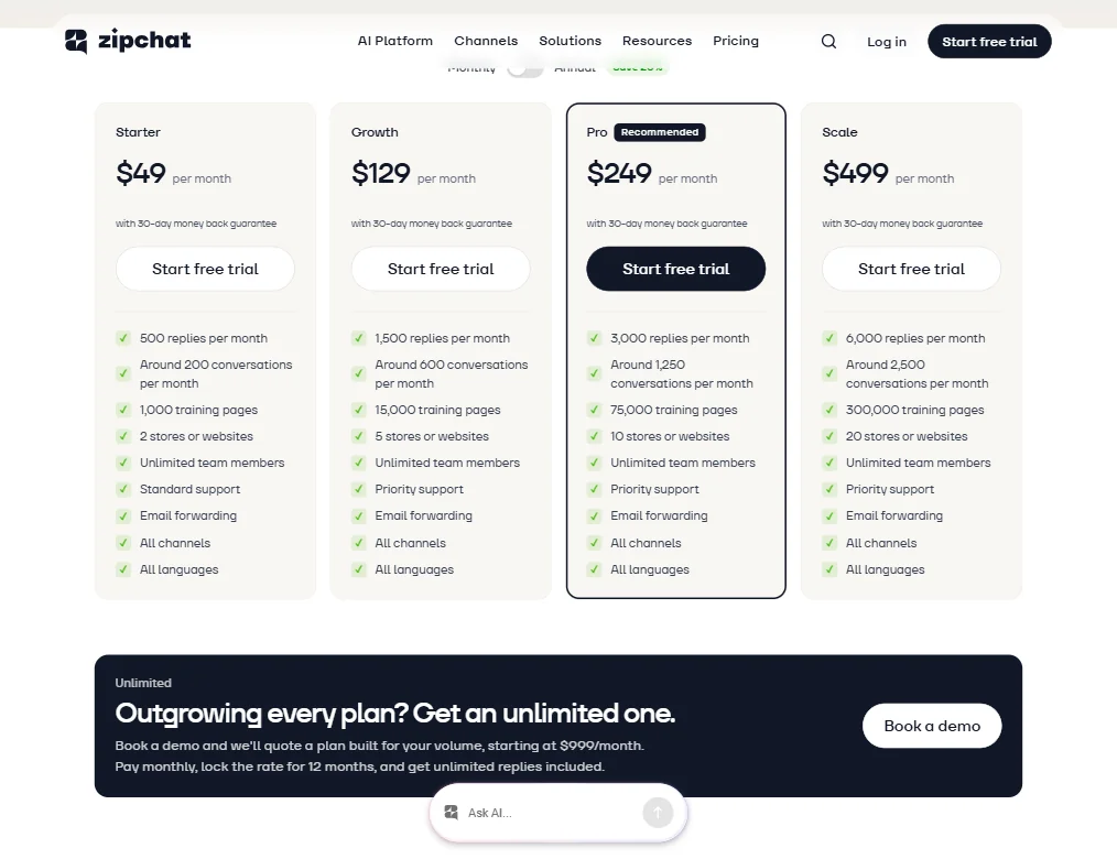 Zipchat AI pricing screenshot