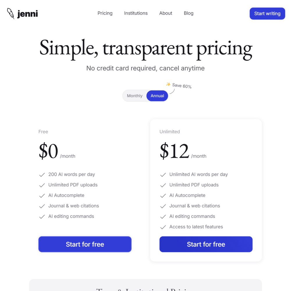Jenni AI Pricing Yearly