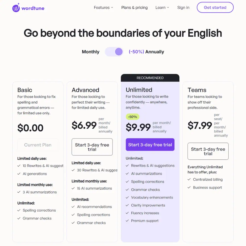 Wordtune AI Pricing