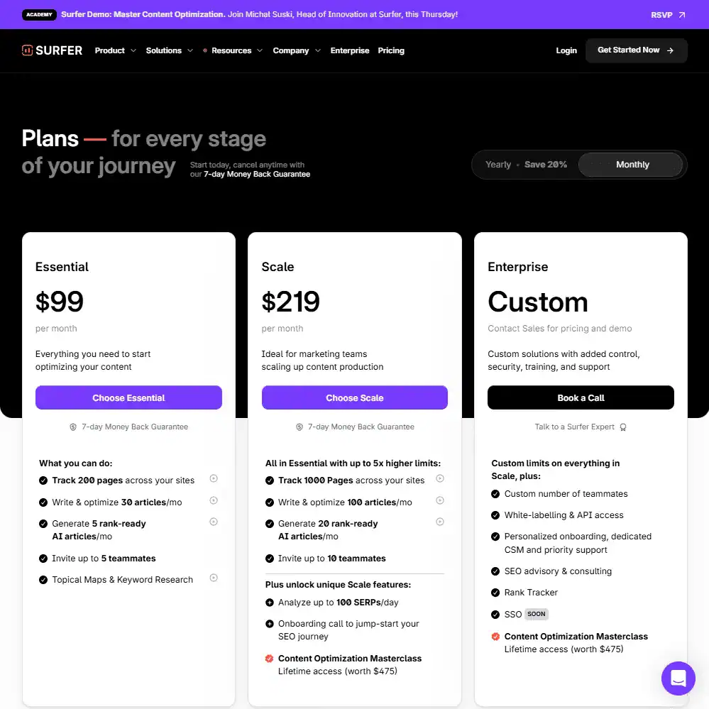 SurferSEO Pricing Monthly